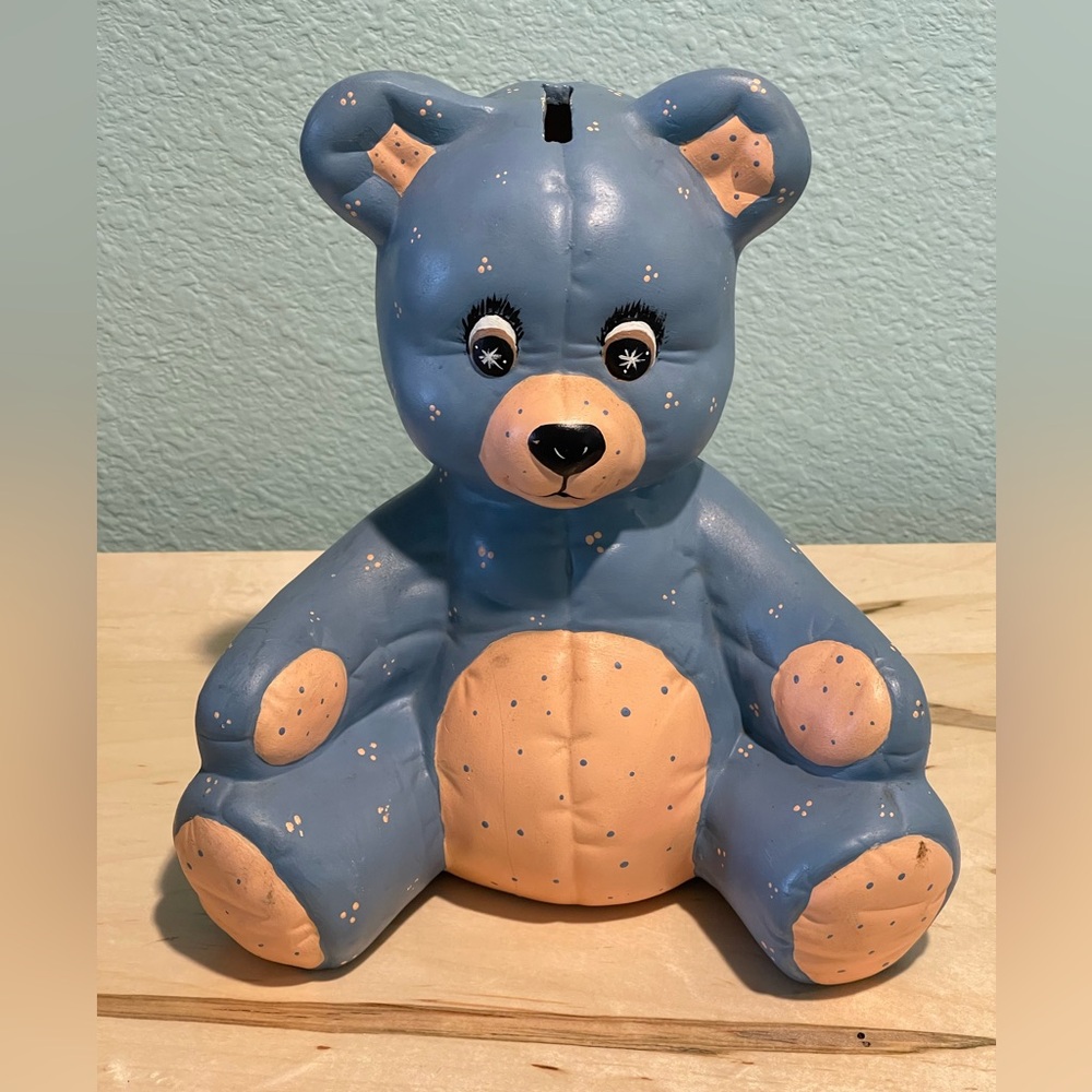 Vintage Blue & Peach Ceramic Bear Piggy Bank